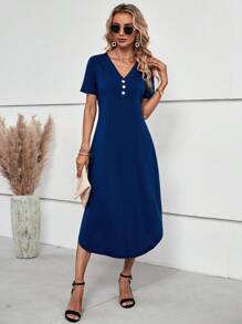 SHEIN Clasi Solid Button Detail Curved Hem Dress - Blue - View 6