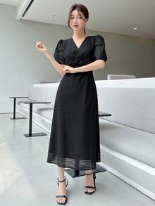 DAZY 泡泡袖前扭結洋裝 - 黑色 - 查看 4