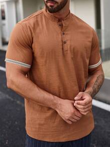 Manfinity Homme 男士鬆身披襟衫,配有對比色飾邊 - 咖啡棕 - 查看 3