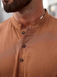 Manfinity Homme 男士鬆身披襟衫,配有對比色飾邊 - 咖啡棕 - 查看 4