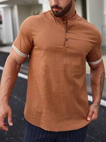 Manfinity Homme 男士鬆身披襟衫,配有對比色飾邊 - 咖啡棕 - 查看 6