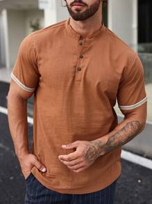 Manfinity Homme 男士鬆身披襟衫,配有對比色飾邊 - 咖啡棕 - 查看 1