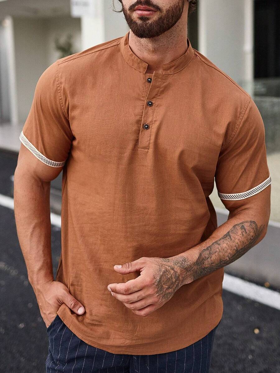 Manfinity Homme 男士鬆身披襟衫,配有對比色飾邊 - 咖啡棕 - 查看 1