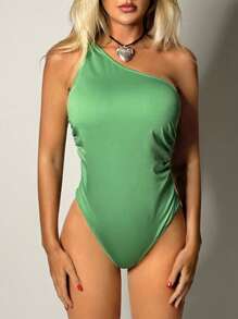 SHEIN EZwear 單肩側收褶連身背心 - 綠色 - 查看 3