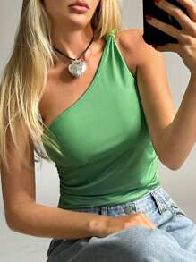 SHEIN EZwear 單肩側收褶連身背心 - 綠色 - 查看 5