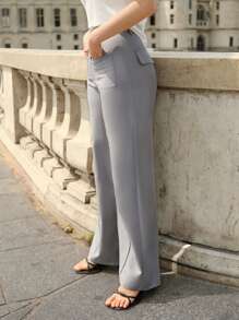 SHEIN Frenchy 前接縫闊腿褲 - 灰色 - 查看 6
