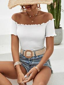 SHEIN VCAY Off Shoulder Lettuce Trim Tee - White - View 1