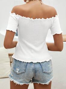 SHEIN VCAY Off Shoulder Lettuce Trim Tee - White - View 2