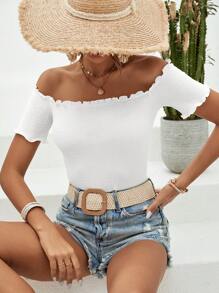 SHEIN VCAY Off Shoulder Lettuce Trim Tee - White - View 4