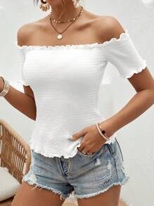 SHEIN VCAY Off Shoulder Lettuce Trim Tee - White - View 5