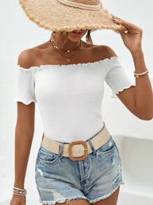 SHEIN VCAY Off Shoulder Lettuce Trim Tee - White - View 6