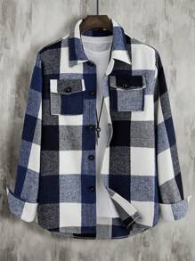 Manfinity Homme 男士格子圖案翻蓋口袋夾克 - 藍白色 - 查看 3