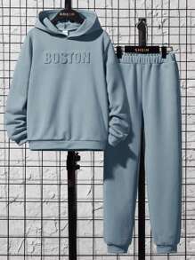 SHEIN Leap Crew Tween Boy Letter Pattern Hoodie & Joggers - Dusty Blue - View 1