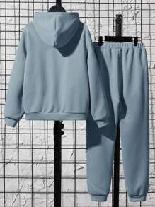 SHEIN Leap Crew Tween Boy Letter Pattern Hoodie & Joggers - Dusty Blue - View 2