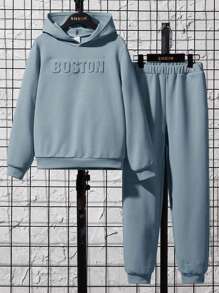 SHEIN Leap Crew Tween Boy Letter Pattern Hoodie & Joggers - Dusty Blue - View 4