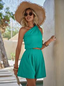 SHEIN LUNE 單肩短款上衣&褶皺短褲 - 水鴨藍 - 查看 4