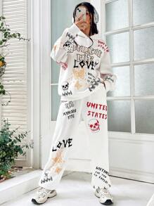 SHEIN Unity Letter Graphic Drop Shoulder Hoodie & Sweatpants - White - View 1