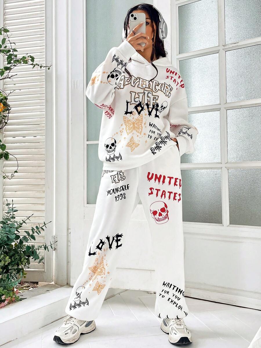 SHEIN Unity Letter Graphic Drop Shoulder Hoodie & Sweatpants - White - View 1