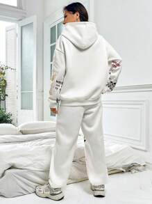 SHEIN Unity Letter Graphic Drop Shoulder Hoodie & Sweatpants - White - View 2