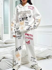 SHEIN Unity Letter Graphic Drop Shoulder Hoodie & Sweatpants - White - View 4