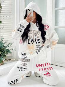 SHEIN Unity Letter Graphic Drop Shoulder Hoodie & Sweatpants - White - View 3