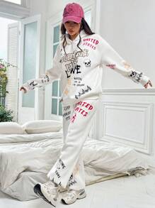 SHEIN Unity Letter Graphic Drop Shoulder Hoodie & Sweatpants - White - View 6