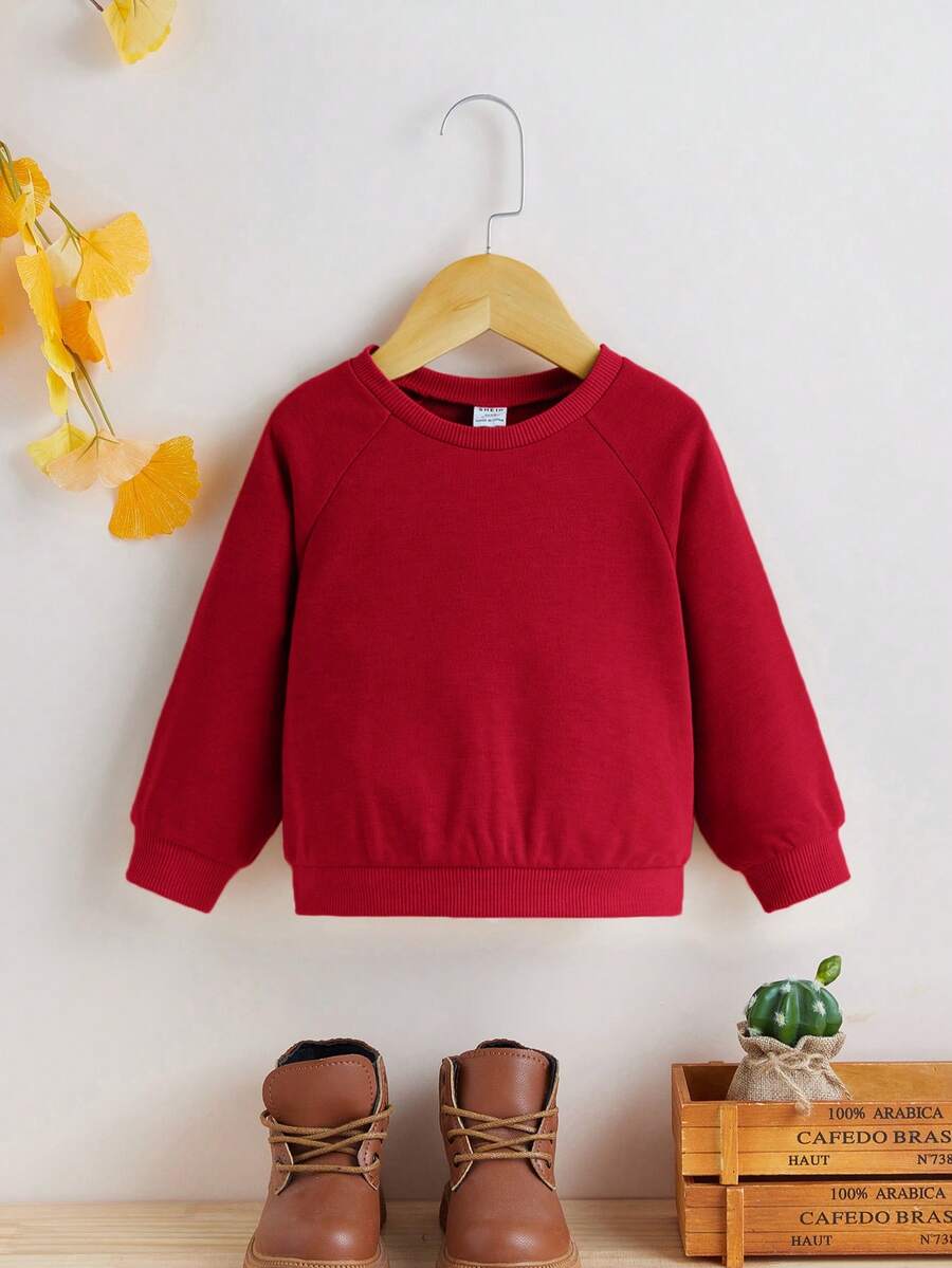 SHEIN 女嬰素色插肩袖運動衫 - 紅色 - 查看 1