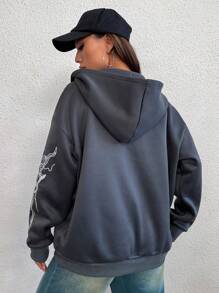 SHEIN Unity Áo nỉ trùm đầu có mũ in hình bướm, chữ, ngôi sao phong cách Gothic thời trang thường ngày dành cho nữ, mùa thu/đông - Xám - Xem 2