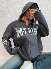 SHEIN Unity Áo nỉ trùm đầu có mũ in hình bướm, chữ, ngôi sao phong cách Gothic thời trang thường ngày dành cho nữ, mùa thu/đông - Xám - Xem 3