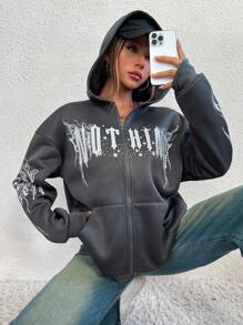 SHEIN Unity Áo nỉ trùm đầu có mũ in hình bướm, chữ, ngôi sao phong cách Gothic thời trang thường ngày dành cho nữ, mùa thu/đông - Xám - Xem 4