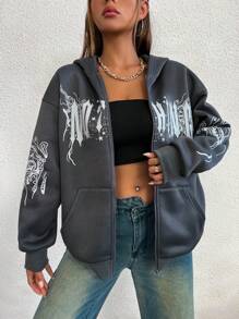 SHEIN Unity Áo nỉ trùm đầu có mũ in hình bướm, chữ, ngôi sao phong cách Gothic thời trang thường ngày dành cho nữ, mùa thu/đông - Xám - Xem 5