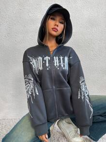 SHEIN Unity Áo nỉ trùm đầu có mũ in hình bướm, chữ, ngôi sao phong cách Gothic thời trang thường ngày dành cho nữ, mùa thu/đông - Xám - Xem 6