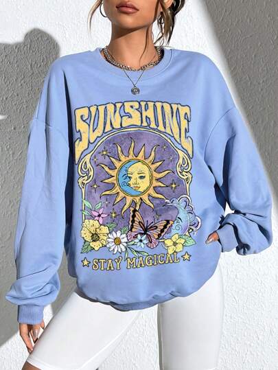 SHEIN EZwear Oversized Retro Sun, Moon & Floral Print Crew-Neck Sweatshirt For Women, Suitable For Autumn/Winter, Long Sleeve Tops, Unisex