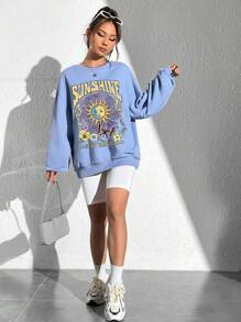 SHEIN EZwear 女式超大复古太阳、月亮和花卉印花圆领运动衫，适合秋冬季，长袖上衣，男女通用 - 霧霾藍 - 查看 3