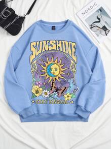 SHEIN EZwear 女式超大复古太阳、月亮和花卉印花圆领运动衫，适合秋冬季，长袖上衣，男女通用 - 霧霾藍 - 查看 4