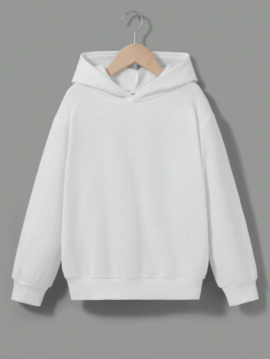 SHEIN 男大童素色連帽加絨內裏運動衫 - 白色 - 查看 1