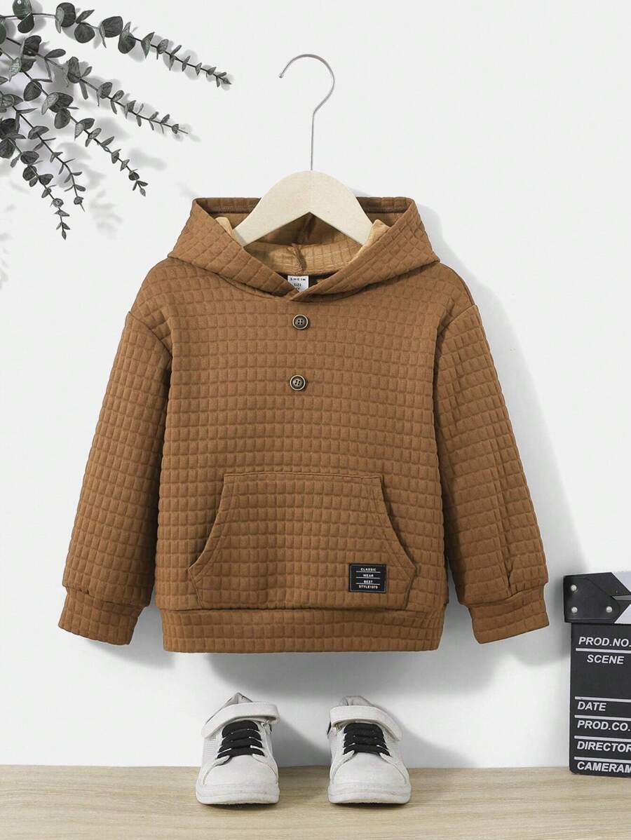 SHEIN 男童字母贴布口袋卫衣，秋冬季 - 棕色 - 查看 1