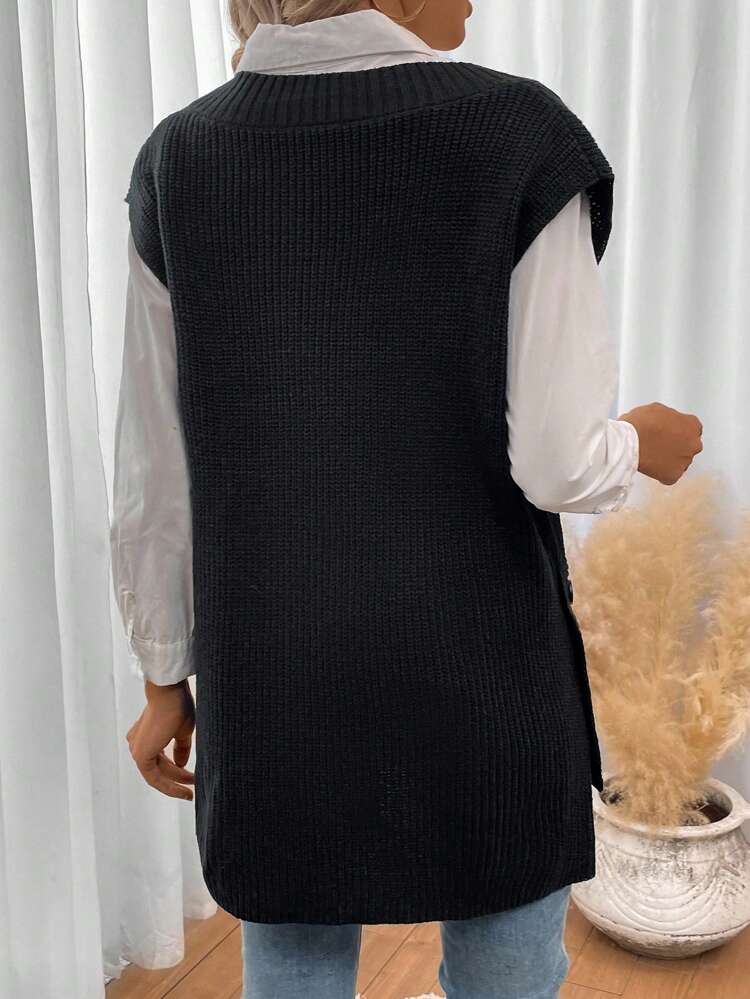 Button Detail Sweater Vest Without Blouse In Fall/Winter
