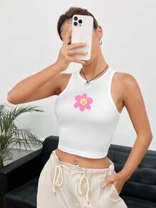 SHEIN EZwear Women's Casual Floral Print Sleeveless Slim Fit Tank Top, Suitable For Summer - White - View 3