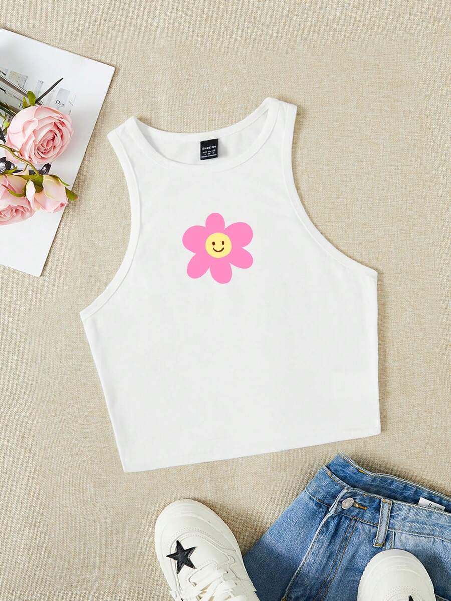 SHEIN EZwear Women's Casual Floral Print Sleeveless Slim Fit Tank Top, Suitable For Summer - White - View 1