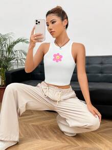 SHEIN EZwear Women's Casual Floral Print Sleeveless Slim Fit Tank Top, Suitable For Summer - White - View 6