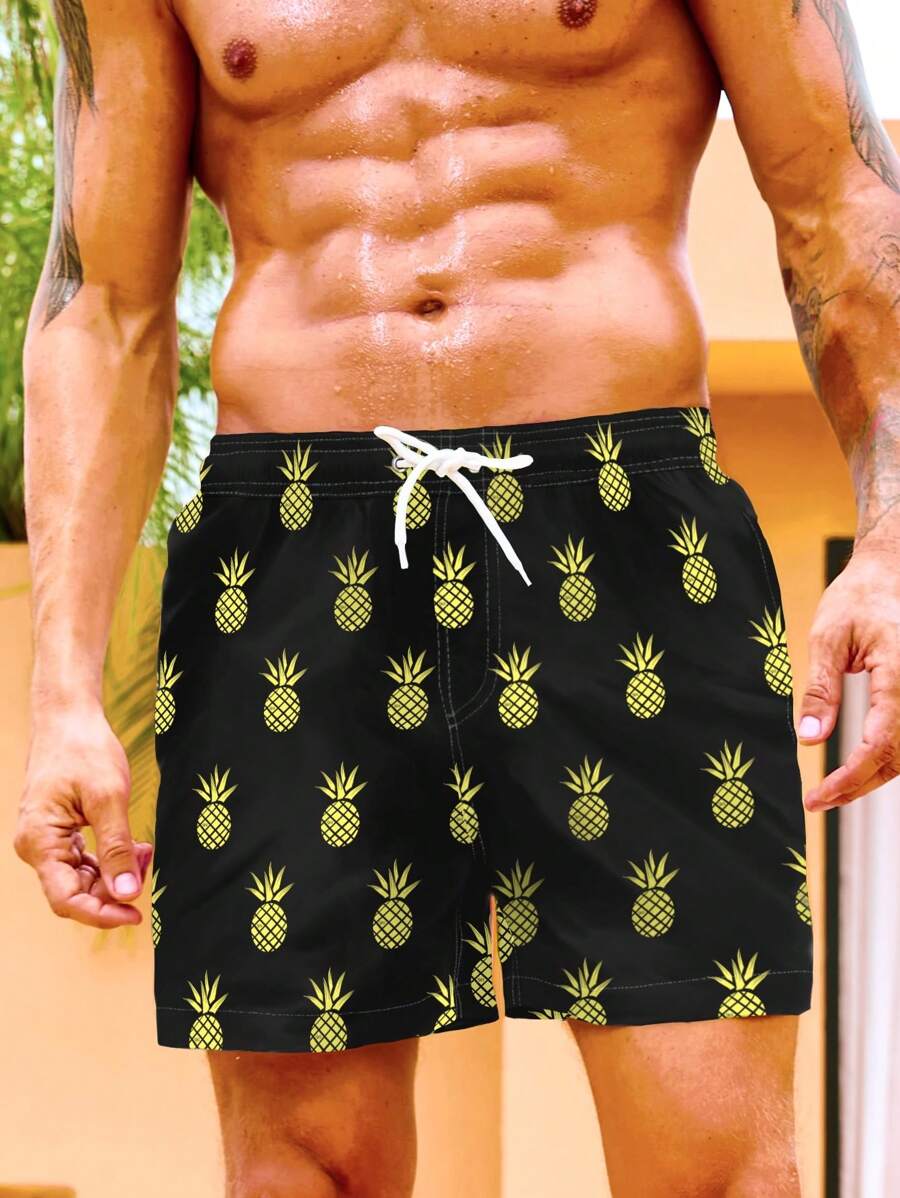 Manfinity Swimmode Men Pineapple Print Drawstring Waist Swim Trunks - Black - View 1