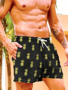 Manfinity Swimmode Men Pineapple Print Drawstring Waist Swim Trunks - Black - View 3