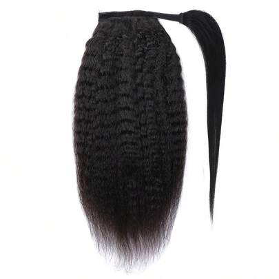 1pc Wrap Around Ponytail Kinky Straight 1B Natural Black Color 150% Density Remy Natural Black Color Human Hair Extension Daily Use Hair Extensions