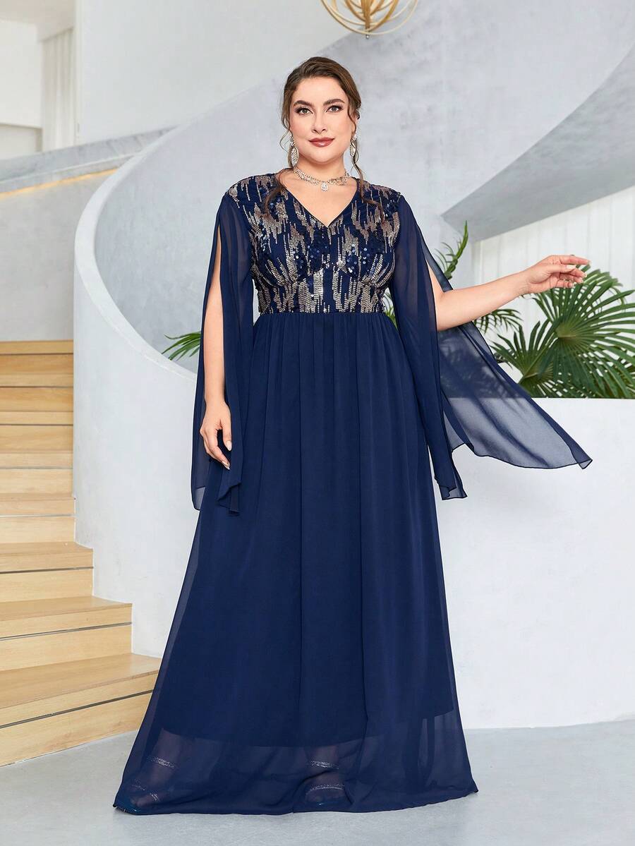 Hơn Tương phản Sequin Tách tay áo Chiffon Váy phù dâu - Màu xanh hải quân - Xem 1