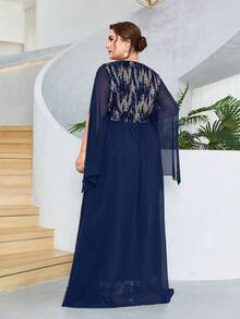 Hơn Tương phản Sequin Tách tay áo Chiffon Váy phù dâu - Màu xanh hải quân - Xem 2