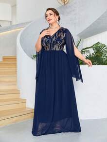 Hơn Tương phản Sequin Tách tay áo Chiffon Váy phù dâu - Màu xanh hải quân - Xem 3