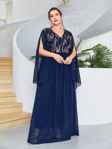 Hơn Tương phản Sequin Tách tay áo Chiffon Váy phù dâu - Màu xanh hải quân - Xem 4