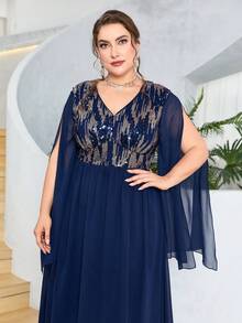 Hơn Tương phản Sequin Tách tay áo Chiffon Váy phù dâu - Màu xanh hải quân - Xem 5