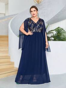 Hơn Tương phản Sequin Tách tay áo Chiffon Váy phù dâu - Màu xanh hải quân - Xem 6